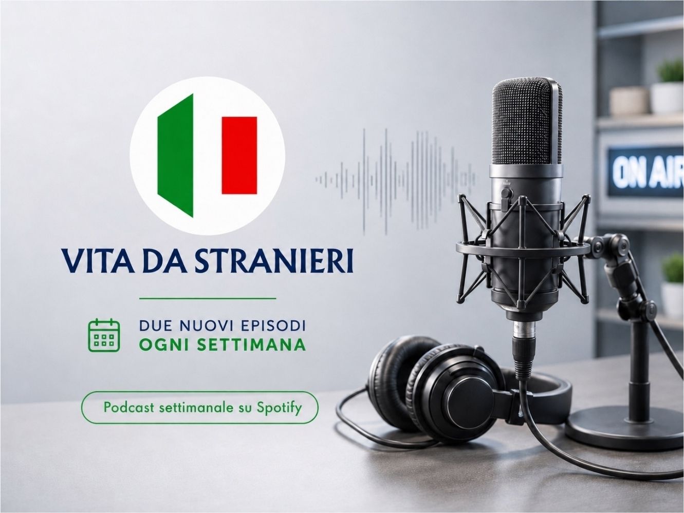 Immagine chiara di un microfono e delle cuffie utilizzate per il podcast di Vita da Stranieri